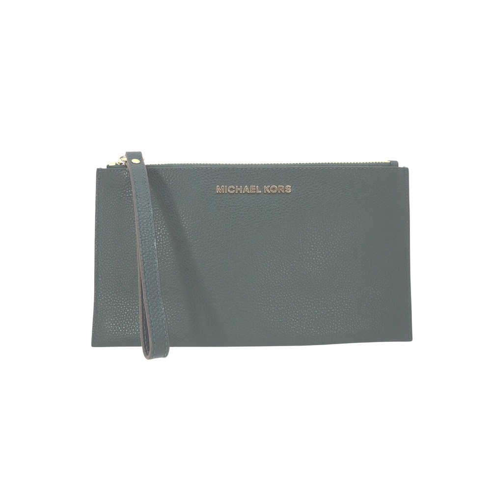 Michael Kors Jet Set Travel Large Green‎ Pebble Leather Wristlet Clutch Zip Top